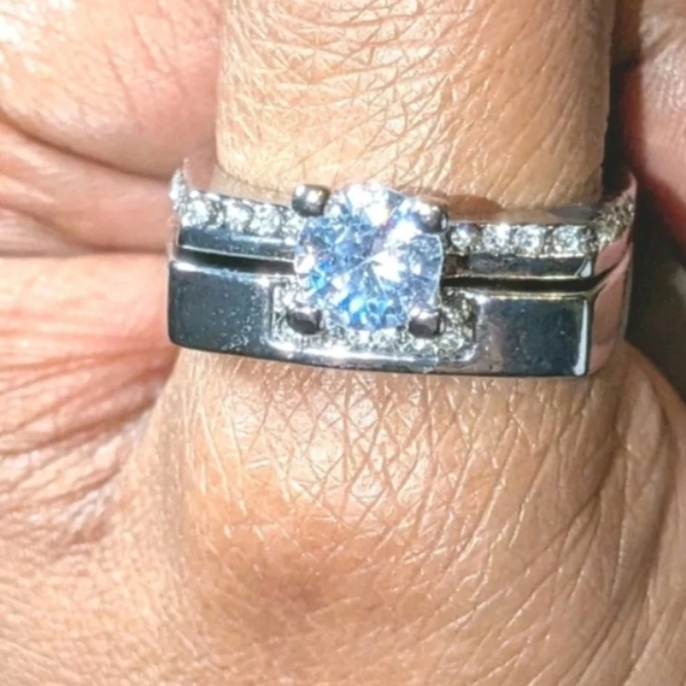 Mens Silver-Tone Clear Cubic zirconia Ring 2pc Set Sz 10
